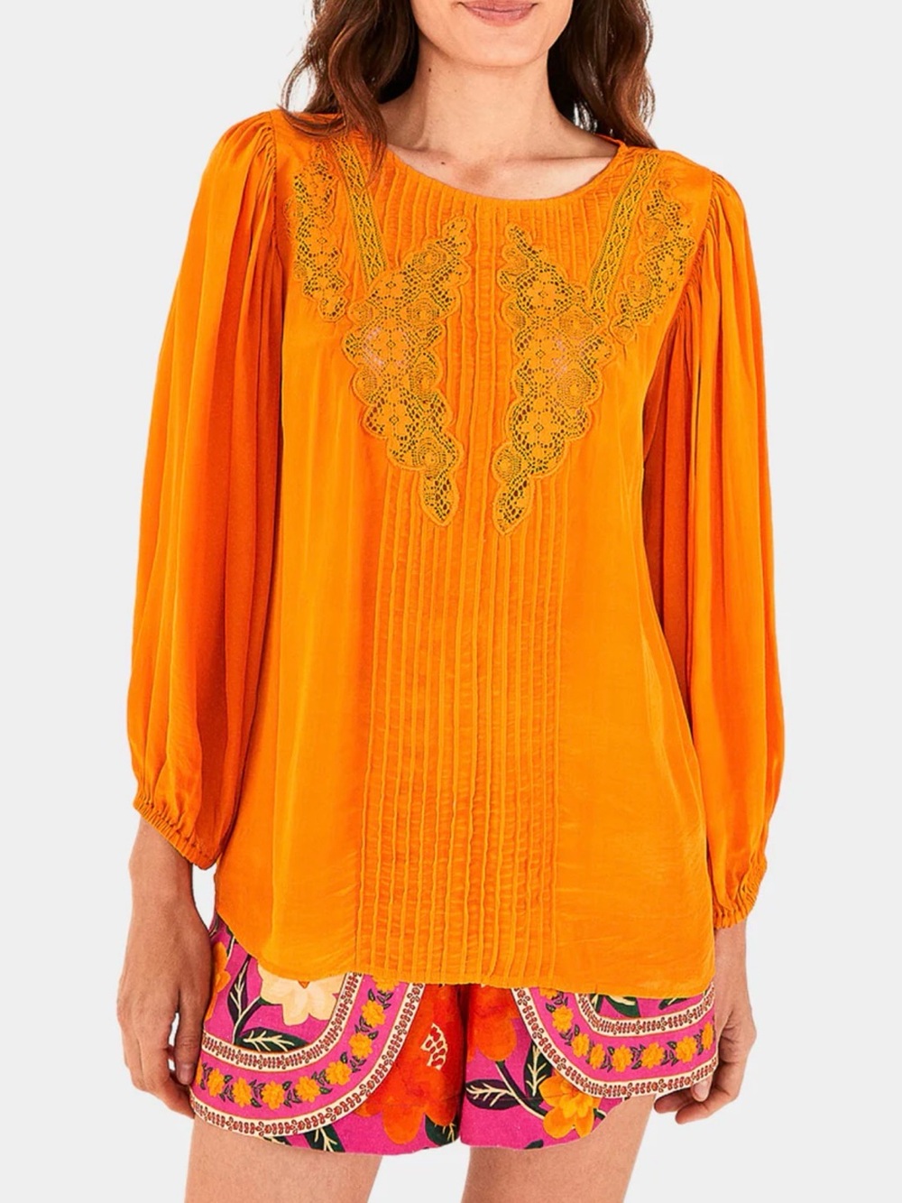 FARM Rio Bright Orange Embroidered Pintuck Blouse